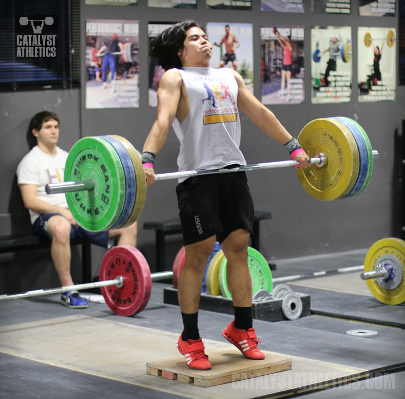 Leo Snatch Pull on Riser - Olympic Weightlifting, strength, conditioning, fitness, nutrition - Catalyst Athletics 