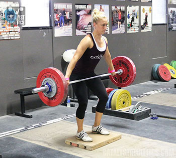 Chelsea Halting Snatch Deadlift on Riser - Olympic Weightlifting, strength, conditioning, fitness, nutrition - Catalyst Athletics