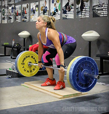 Danielle Clean Pull on Riser - Olympic Weightlifting, strength, conditioning, fitness, nutrition - Catalyst Athletics