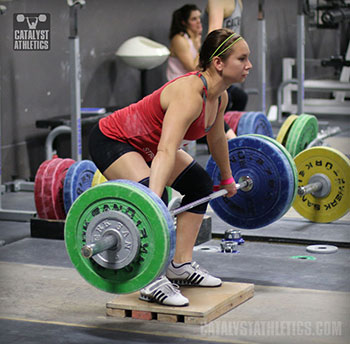 Alyssa Snatch Pull on Riser - Olympic Weightlifting, strength, conditioning, fitness, nutrition - Catalyst Athletics