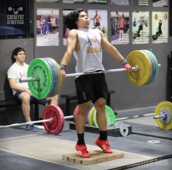 Leo Snatch Pull on Riser - Olympic Weightlifting, strength, conditioning, fitness, nutrition - Catalyst Athletics